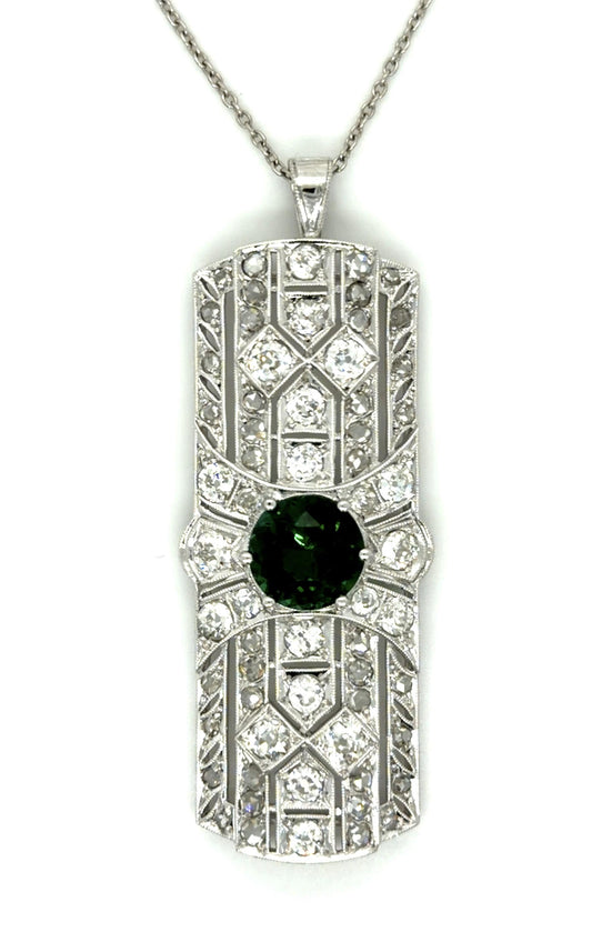 Art Deco 3.14ct Green Tourmaline 5ct Diamond Platinum Pendant (Antique 1920s)