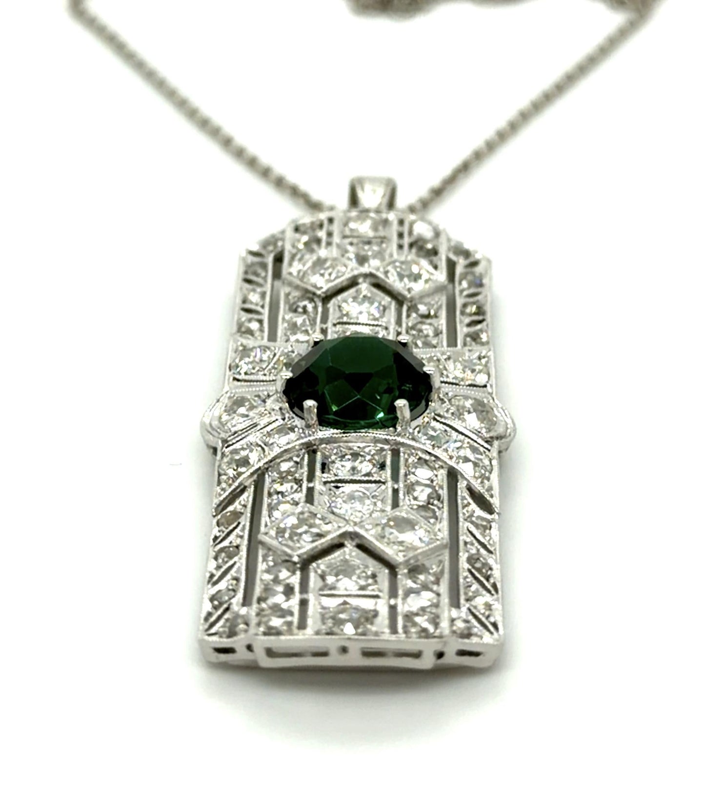 Art Deco 3.14ct Green Tourmaline 5ct Diamond Platinum Pendant (Antique 1920s)