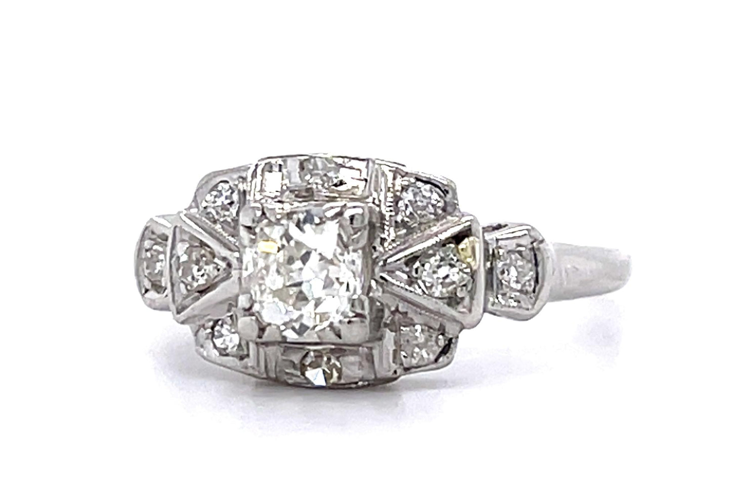Art Deco .45ct Old European Center Diamond PT Ring (Vintage 1930s) .20ct SD