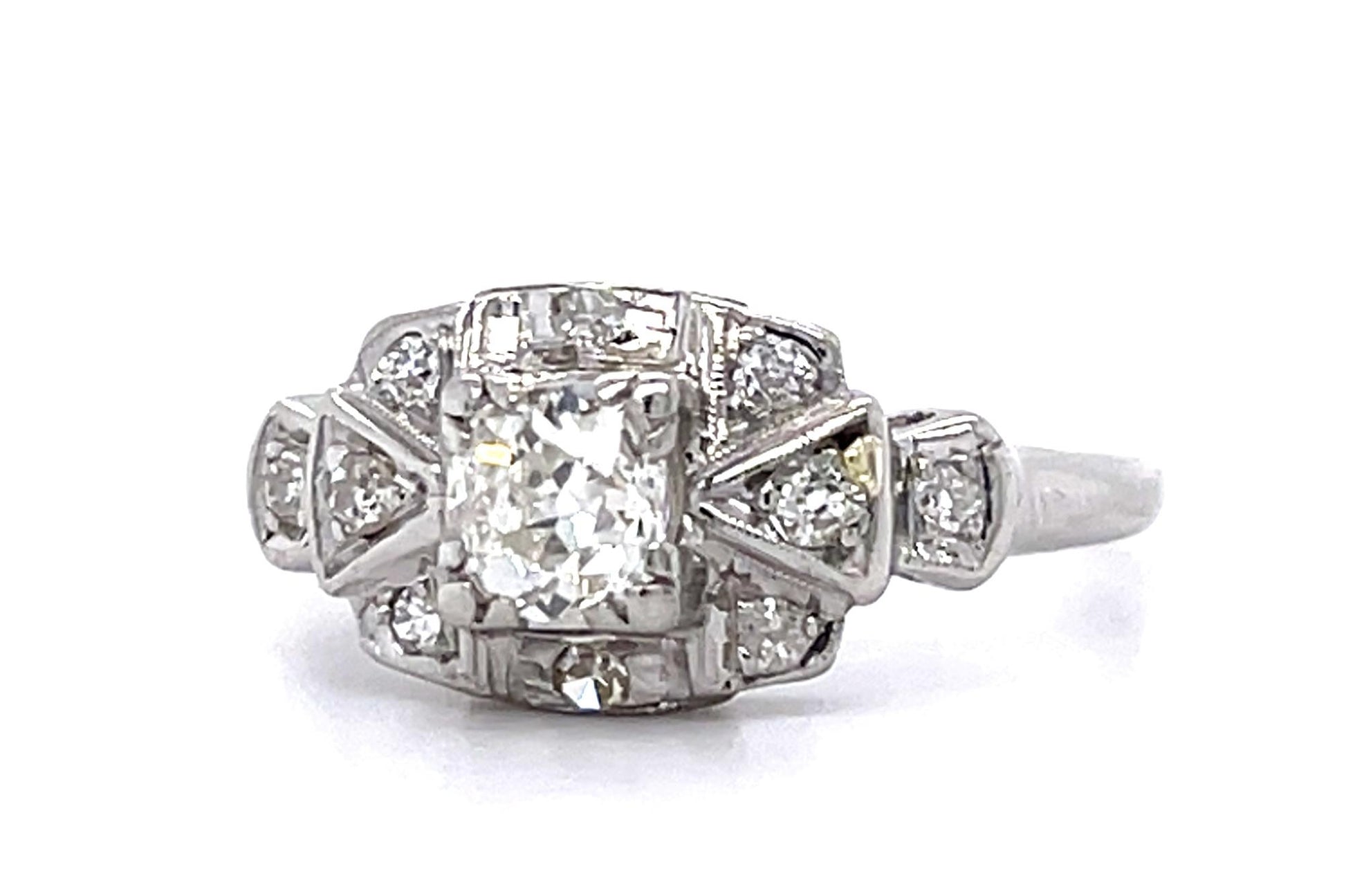 Art Deco .45ct Old European Center Diamond PT Ring (Vintage 1930s) .20ct SD