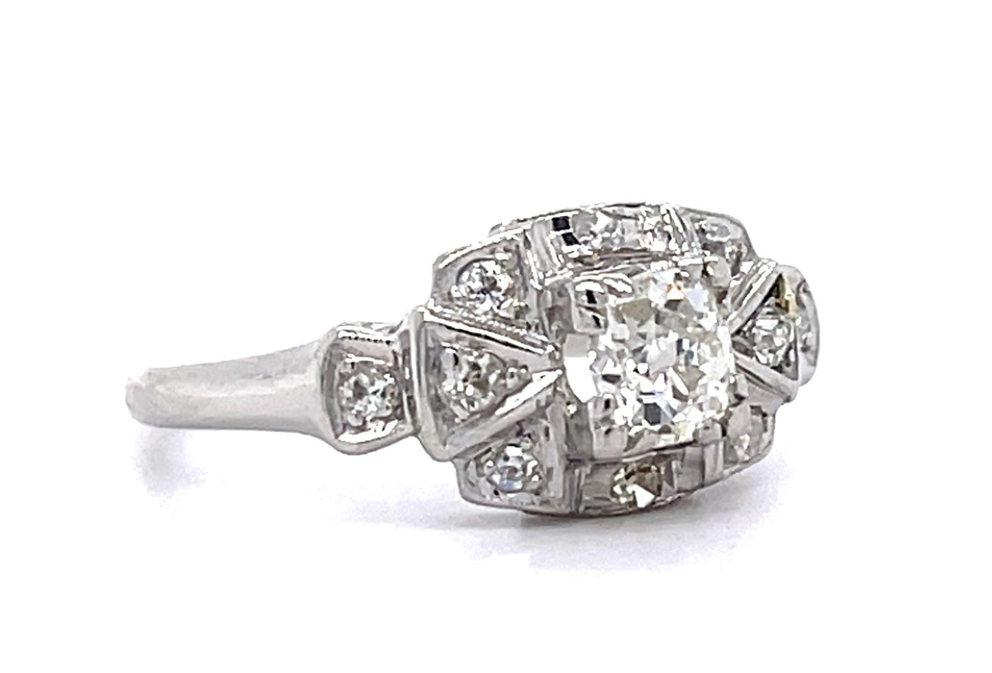 Art Deco .45ct Old European Center Diamond PT Ring (Vintage 1930s) .20ct SD