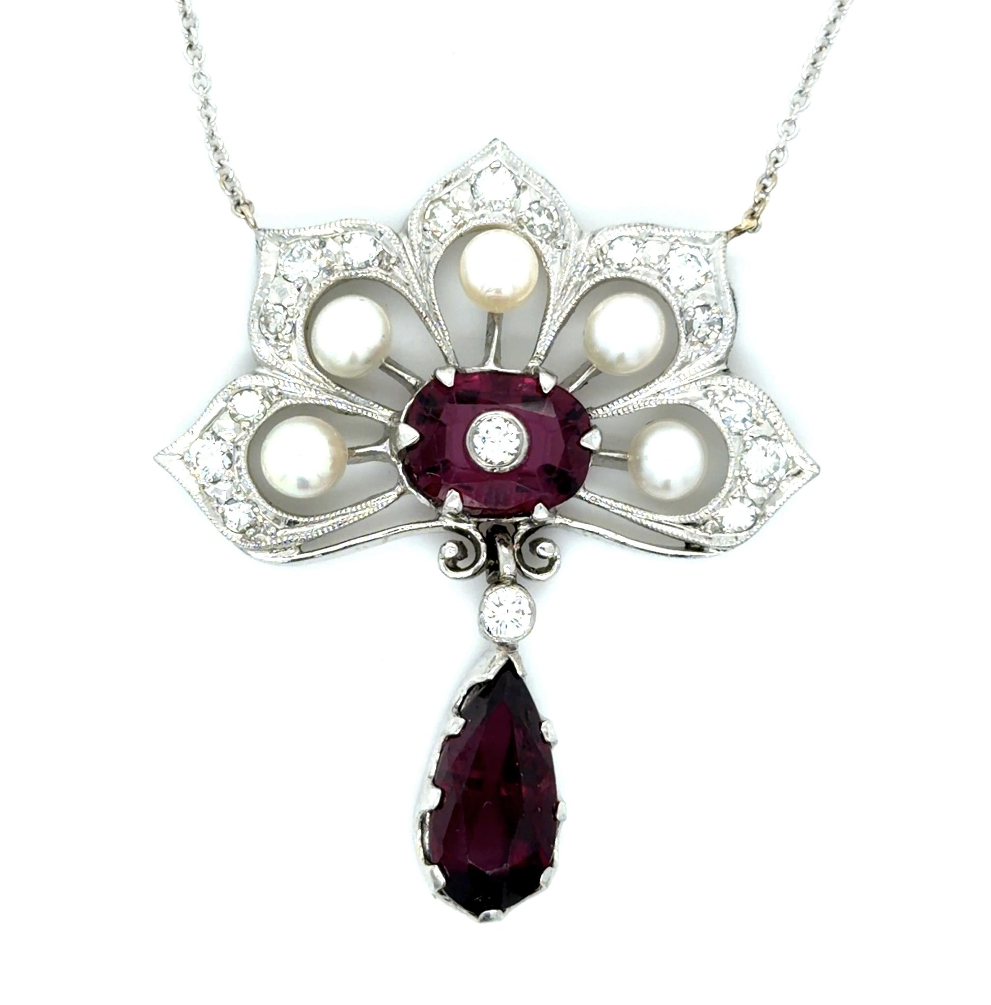 18KW Garnet, Pearl & Diamond Pendant 9.6gr 8.00ct(gr) .85ct twt(dia) Circa 1950