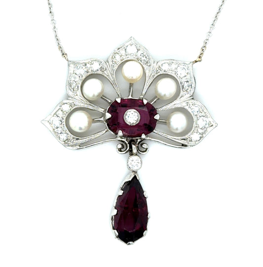 18KW Garnet, Pearl & Diamond Pendant 9.6gr 8.00ct(gr) .85ct twt(dia) Circa 1950
