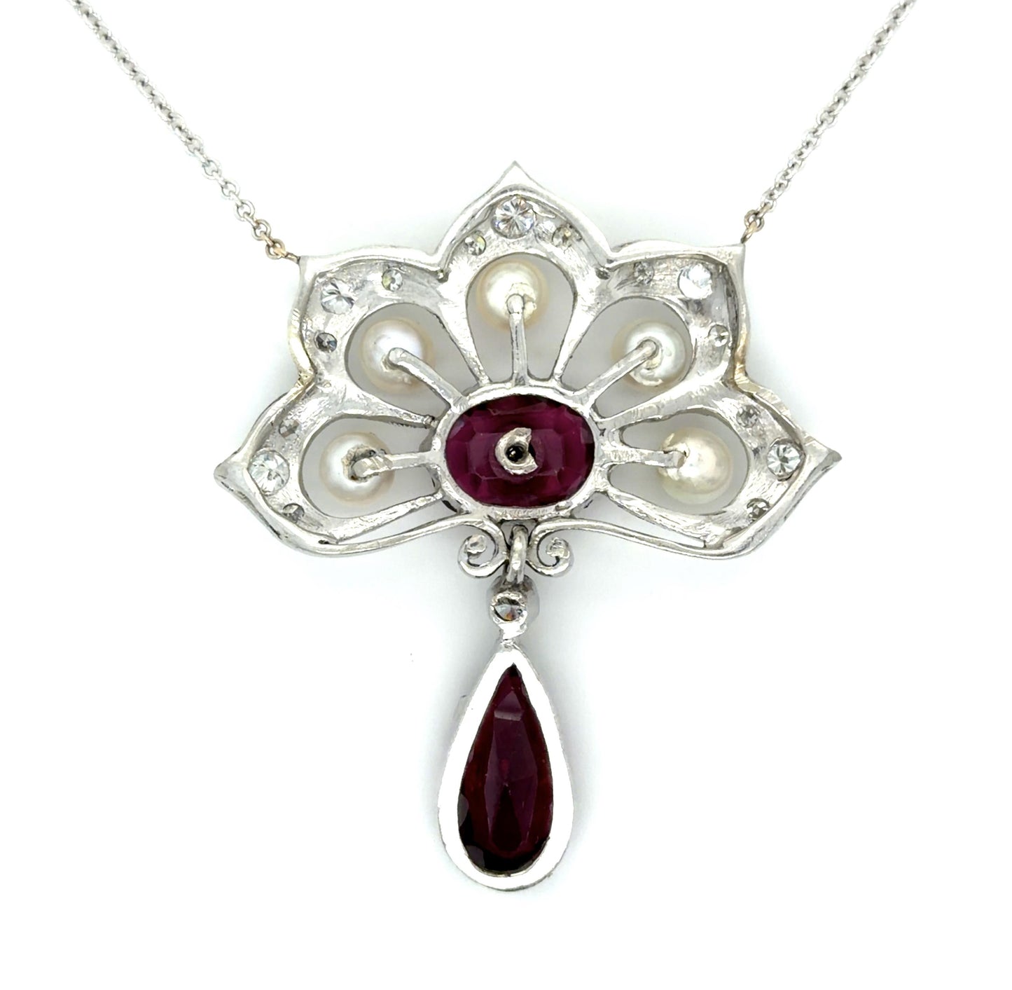 18KW Garnet, Pearl & Diamond Pendant 9.6gr 8.00ct(gr) .85ct twt(dia) Circa 1950