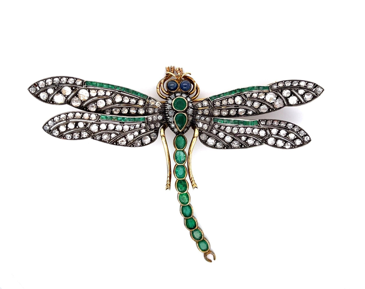 6ct Emerald 4.50ct Rose-cut Dia 14KY+Silver Handmade Vintage Dragonfly Brooch