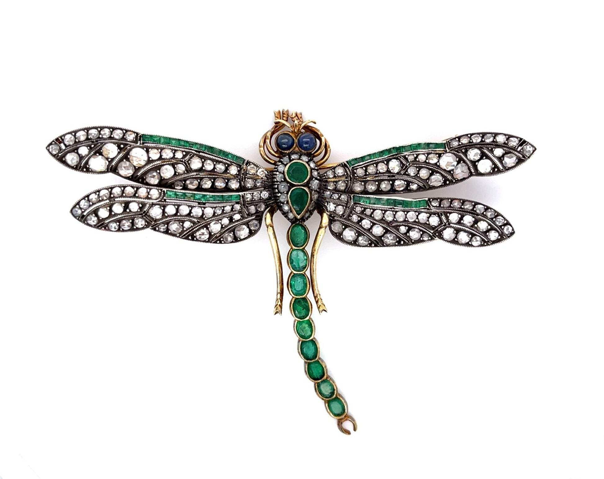 6ct Emerald 4.50ct Rose-cut Dia 14KY+Silver Handmade Vintage Dragonfly Brooch