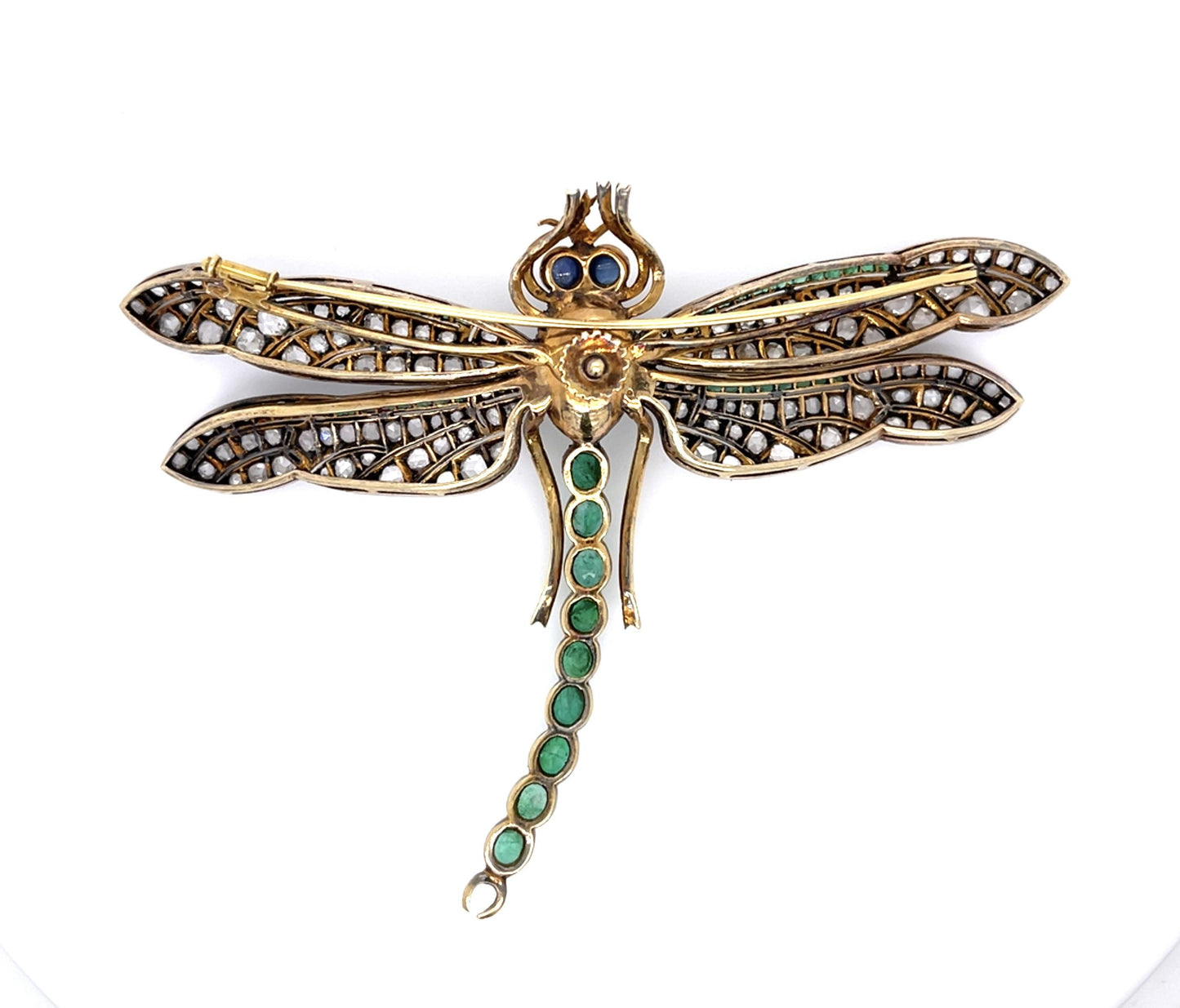 6ct Emerald 4.50ct Rose-cut Dia 14KY+Silver Handmade Vintage Dragonfly Brooch