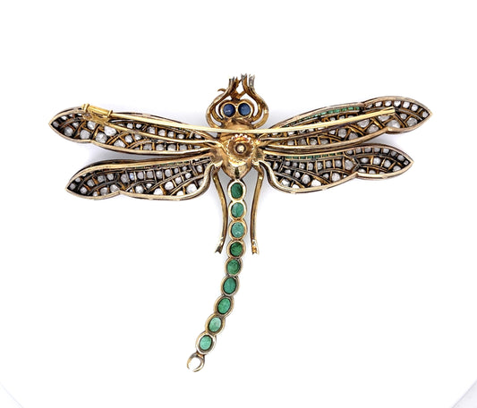6ct Emerald 4.50ct Rose-cut Dia 14KY+Silver Handmade Vintage Dragonfly Brooch