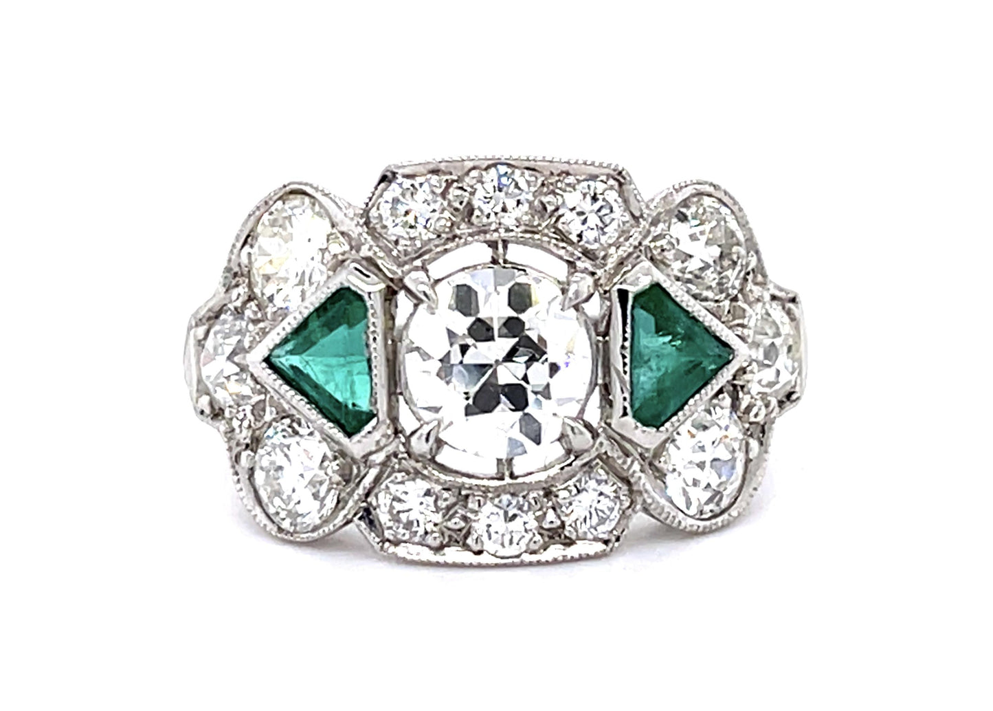 Art Deco .95ct I-J VS (No Cert) Old European Diamond .50ct Emerald PT Ring