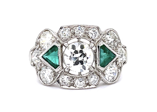 Art Deco .95ct I-J VS (No Cert) Old European Diamond .50ct Emerald PT Ring