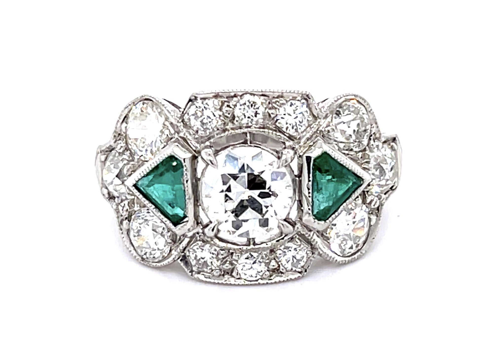Art Deco .95ct I-J VS (No Cert) Old European Diamond .50ct Emerald PT Ring