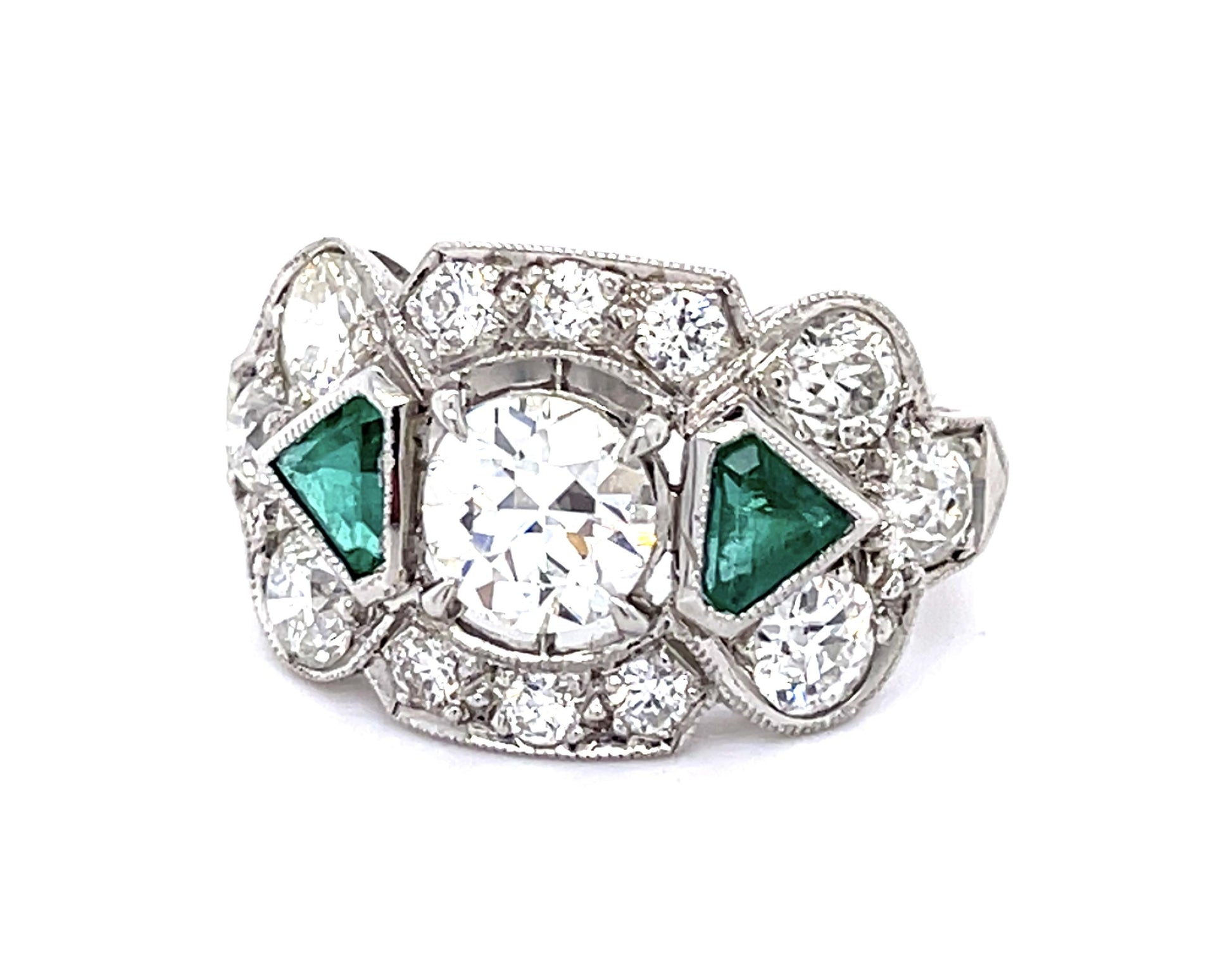 Art Deco .95ct I-J VS (No Cert) Old European Diamond .50ct Emerald PT Ring