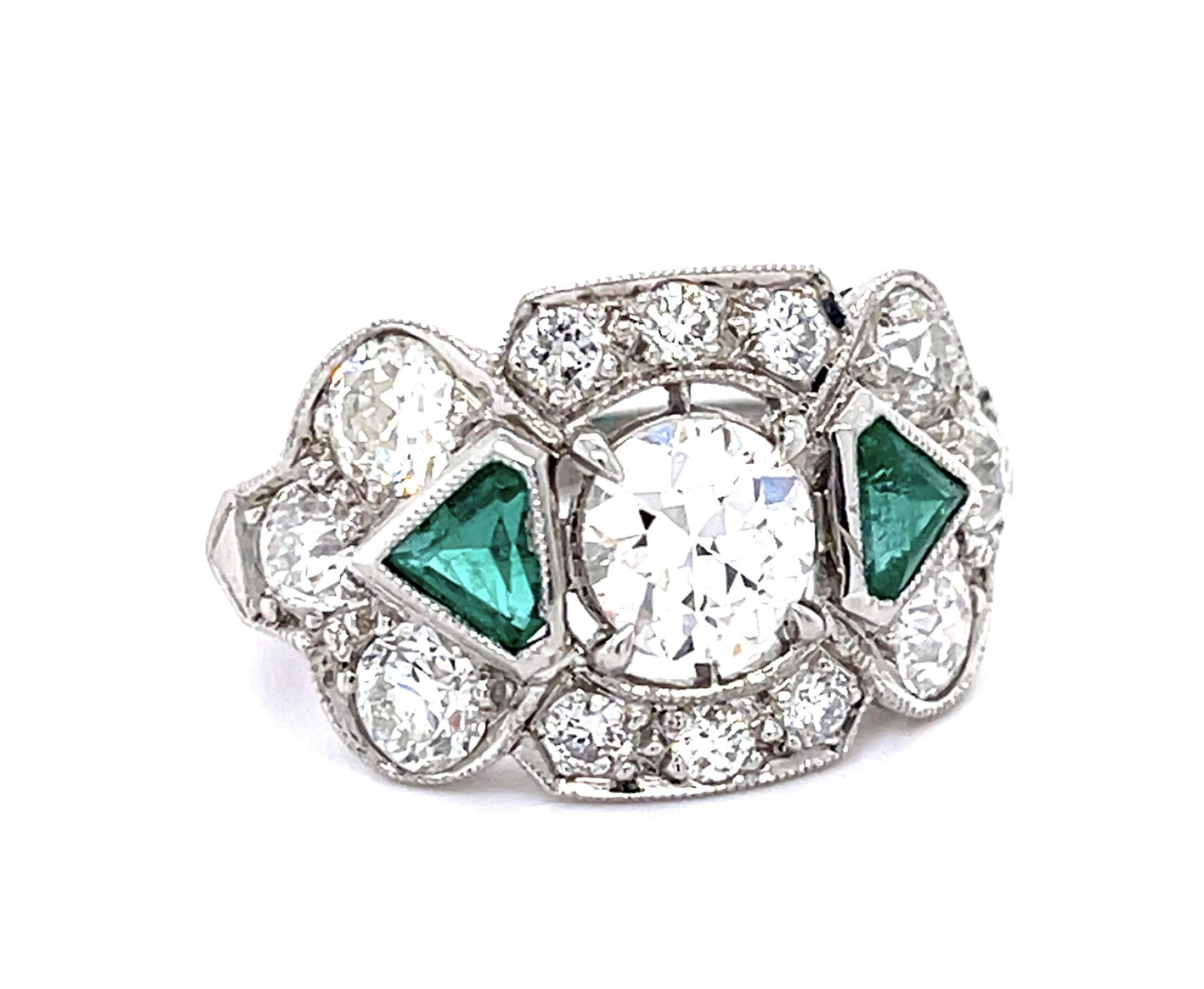 Art Deco .95ct I-J VS (No Cert) Old European Diamond .50ct Emerald PT Ring