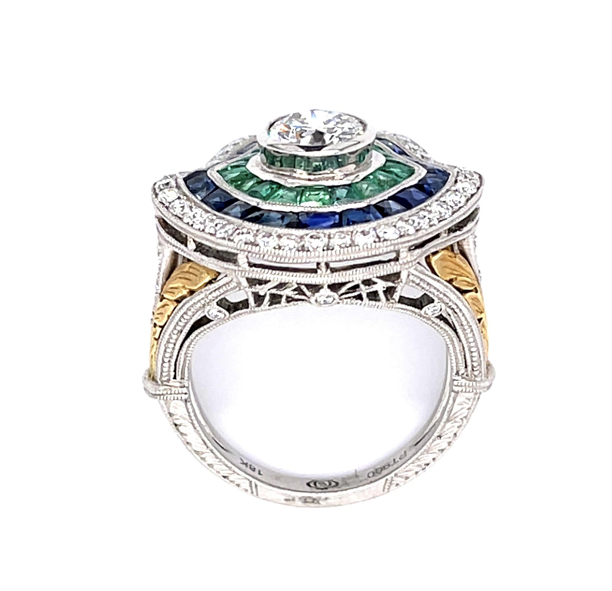 1.02ct H SI1 Diamond 2.63ct Emeralds+Sapphires .70ct Diamond PT+18KY Ring