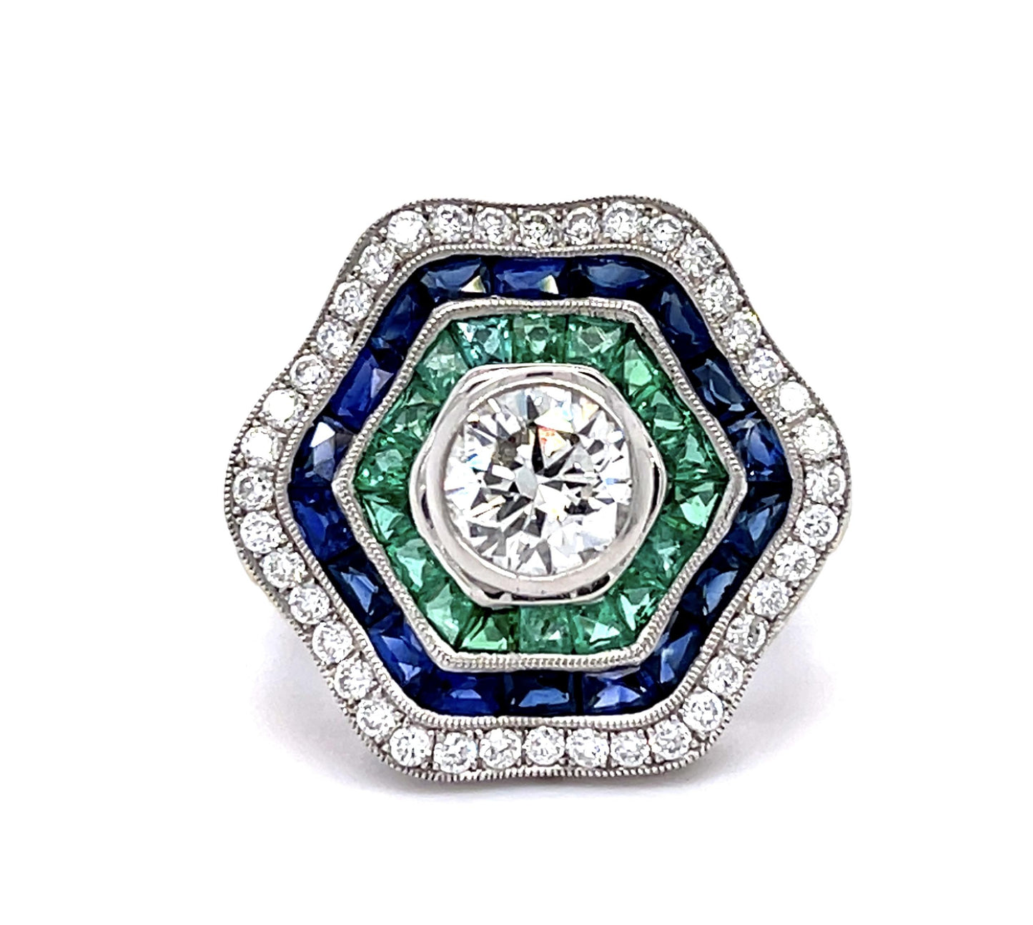 1.02ct H SI1 Diamond 2.63ct Emeralds+Sapphires .70ct Diamond PT+18KY Ring
