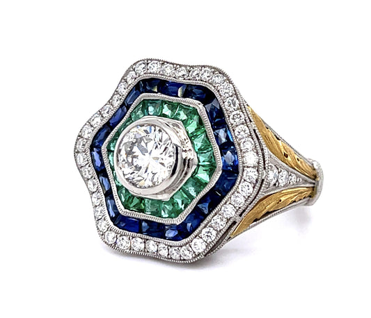 1.02ct H SI1 Diamond 2.63ct Emeralds+Sapphires .70ct Diamond PT+18KY Ring