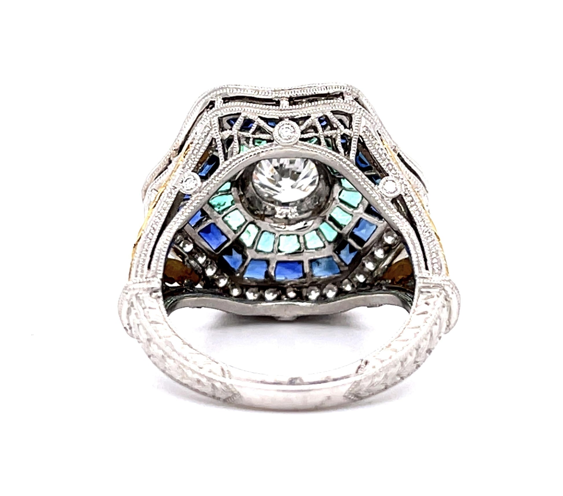 1.02ct H SI1 Diamond 2.63ct Emeralds+Sapphires .70ct Diamond PT+18KY Ring