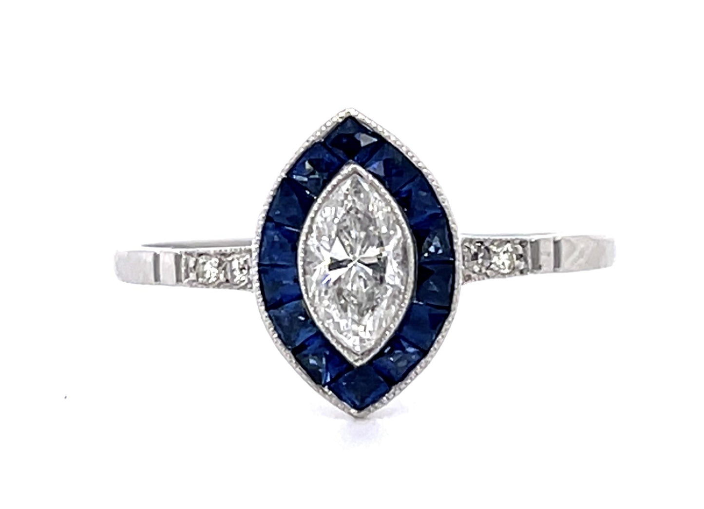 PL Diamond &  Sapphire Ring Handmade 2.5gr 0.40ct(dia) Marquise 0.88ct twt(sap)