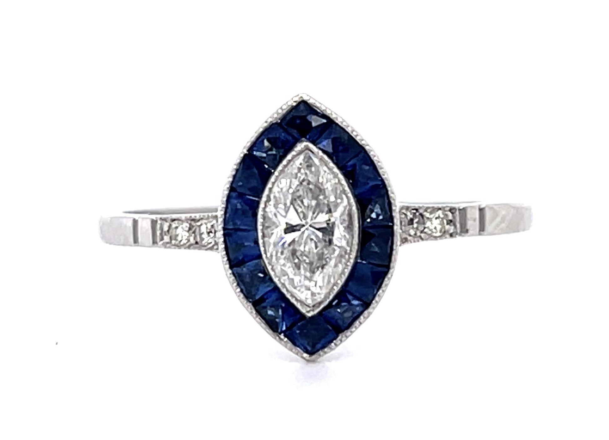 PL Diamond &  Sapphire Ring Handmade 2.5gr 0.40ct(dia) Marquise 0.88ct twt(sap)