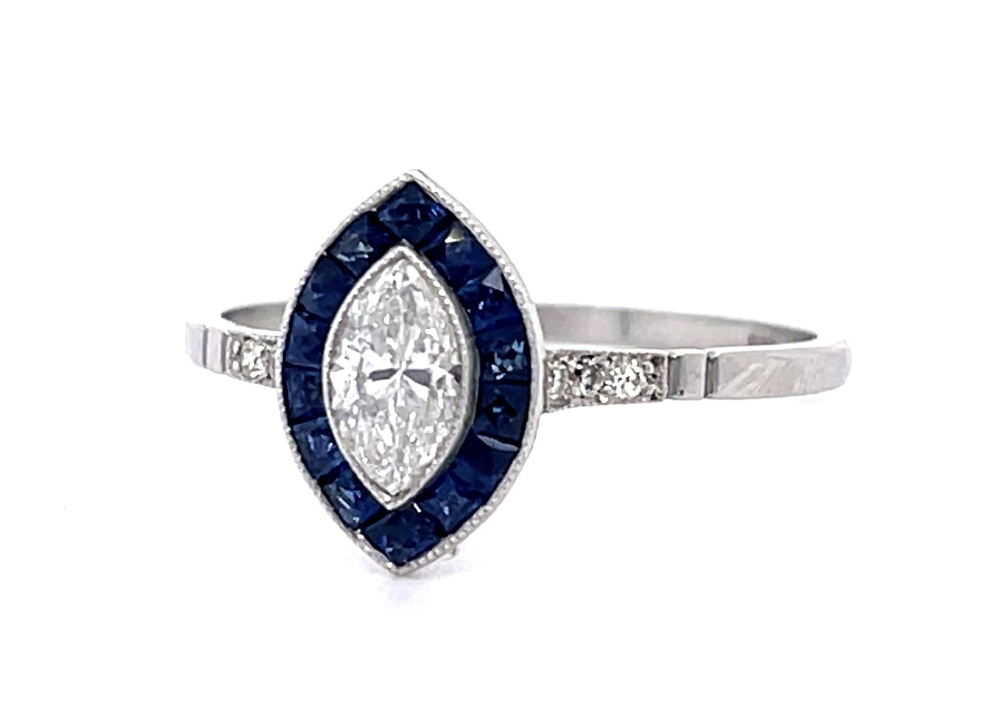 PL Diamond &  Sapphire Ring Handmade 2.5gr 0.40ct(dia) Marquise 0.88ct twt(sap)