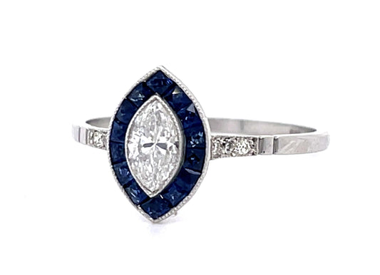 PL Diamond &  Sapphire Ring Handmade 2.5gr 0.40ct(dia) Marquise 0.88ct twt(sap)