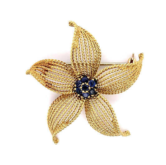 Tiffany & Company Italian 18KY Flower Brooch (Vintage 1960s) .65ct Sapphire