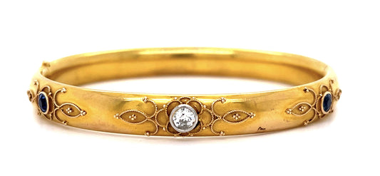 Art Nouveau Original .45ct Euro Diamond .70ct Sapphire 14KY Bangle Bracelet