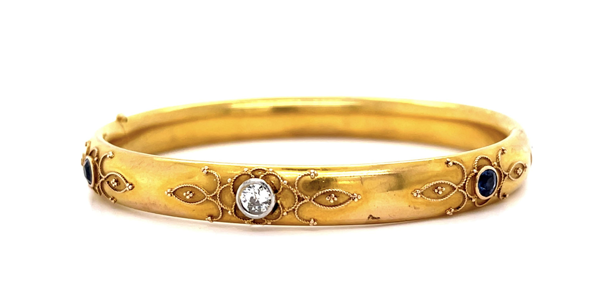 Art Nouveau Original .45ct Euro Diamond .70ct Sapphire 14KY Bangle Bracelet