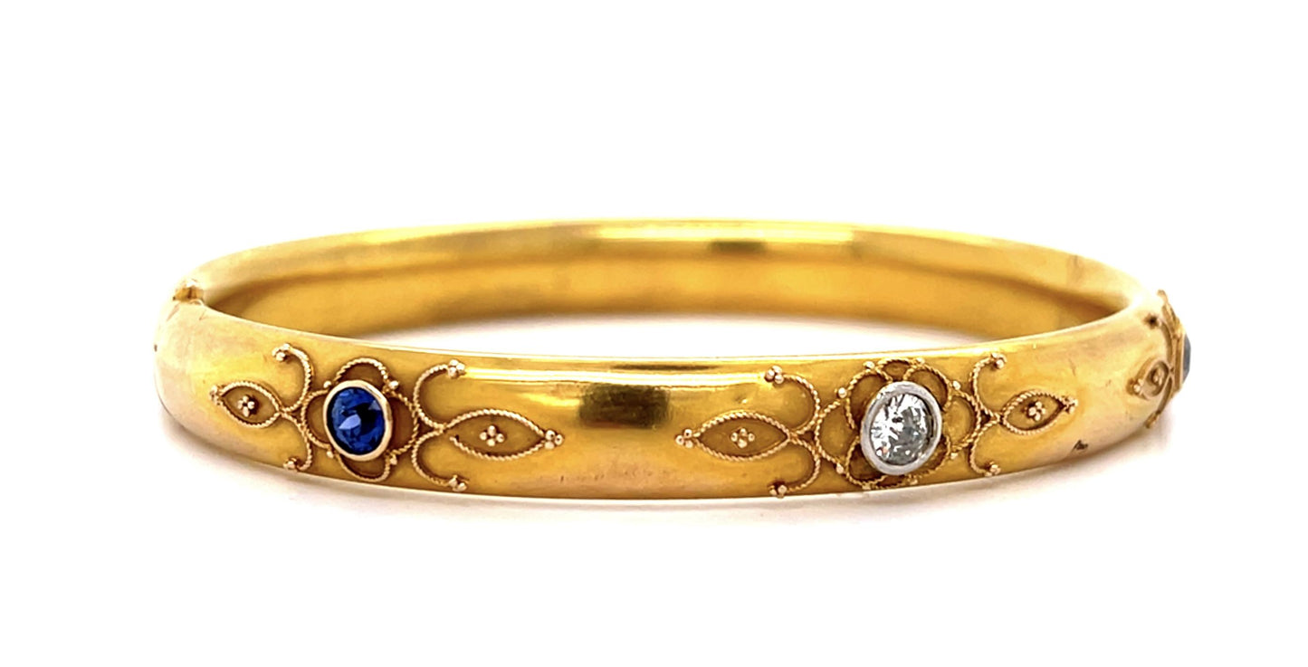 Art Nouveau Original .45ct Euro Diamond .70ct Sapphire 14KY Bangle Bracelet