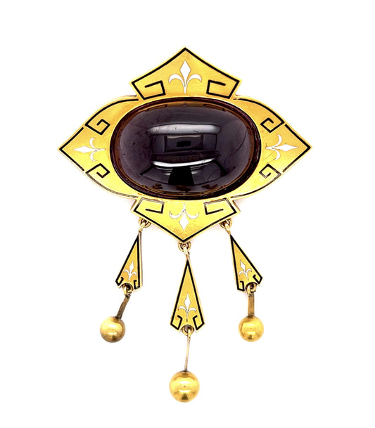 Original Victorian 25ct Carbuncle Garnet + Inlaid Enamel 15KY+18KY Brooch