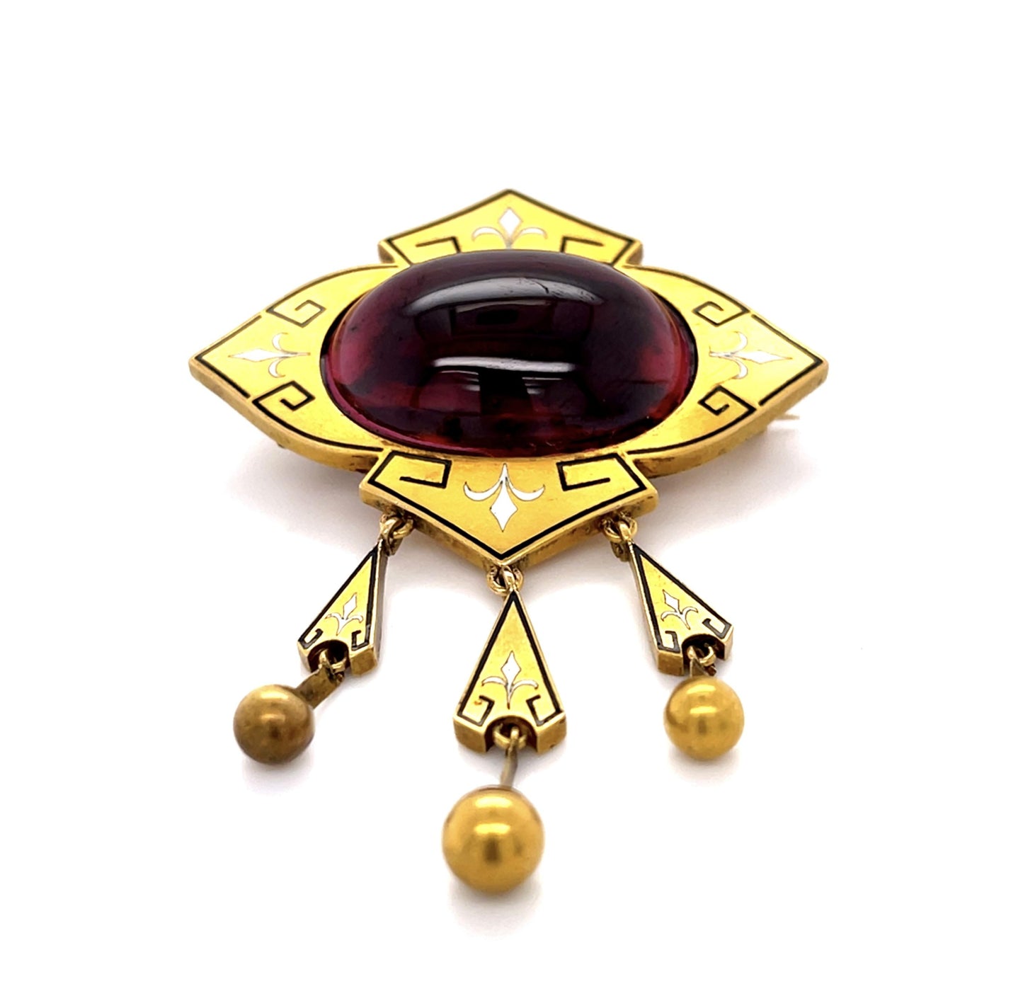 Original Victorian 25ct Carbuncle Garnet + Inlaid Enamel 15KY+18KY Brooch