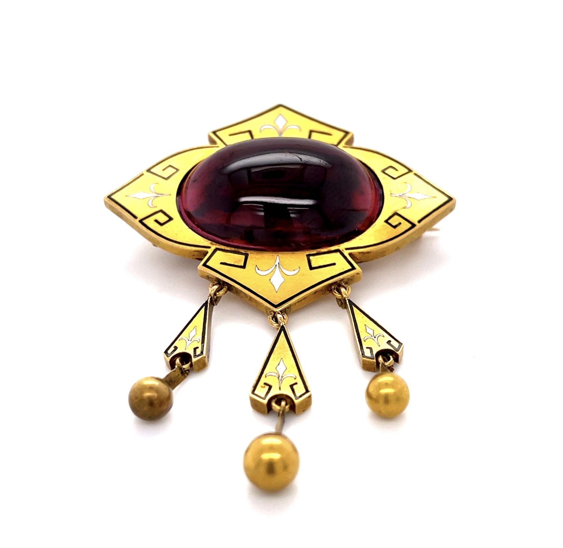 Original Victorian 25ct Carbuncle Garnet + Inlaid Enamel 15KY+18KY Brooch