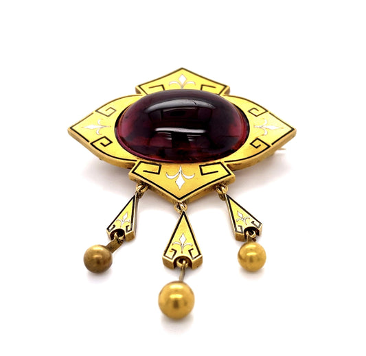Original Victorian 25ct Carbuncle Garnet + Inlaid Enamel 15KY+18KY Brooch
