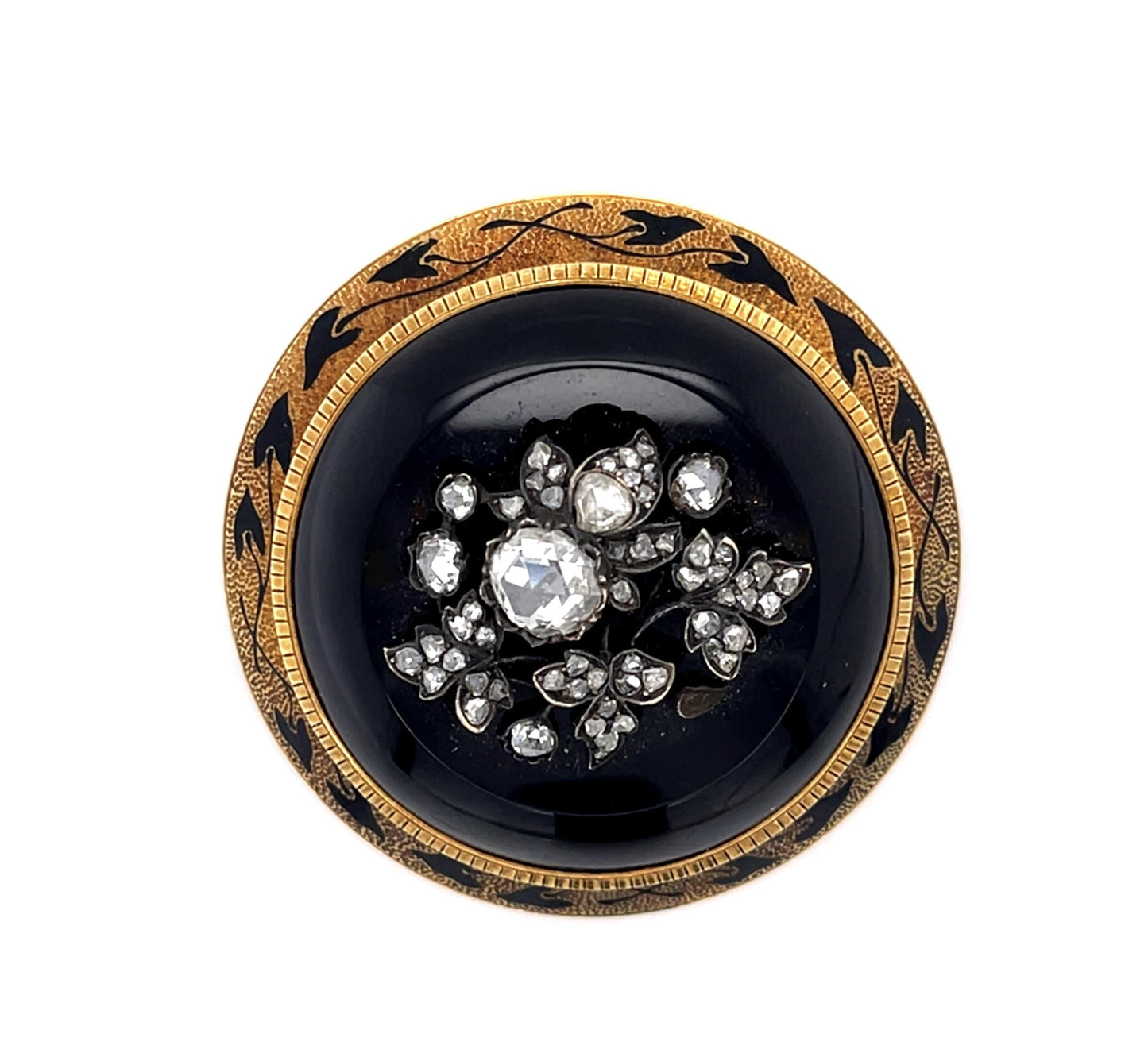 Original Victorian .90ct Rose-cut Center Diamond + Onyx 14KY+Silver Brooch