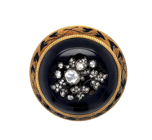 Original Victorian .90ct Rose-cut Center Diamond + Onyx 14KY+Silver Brooch
