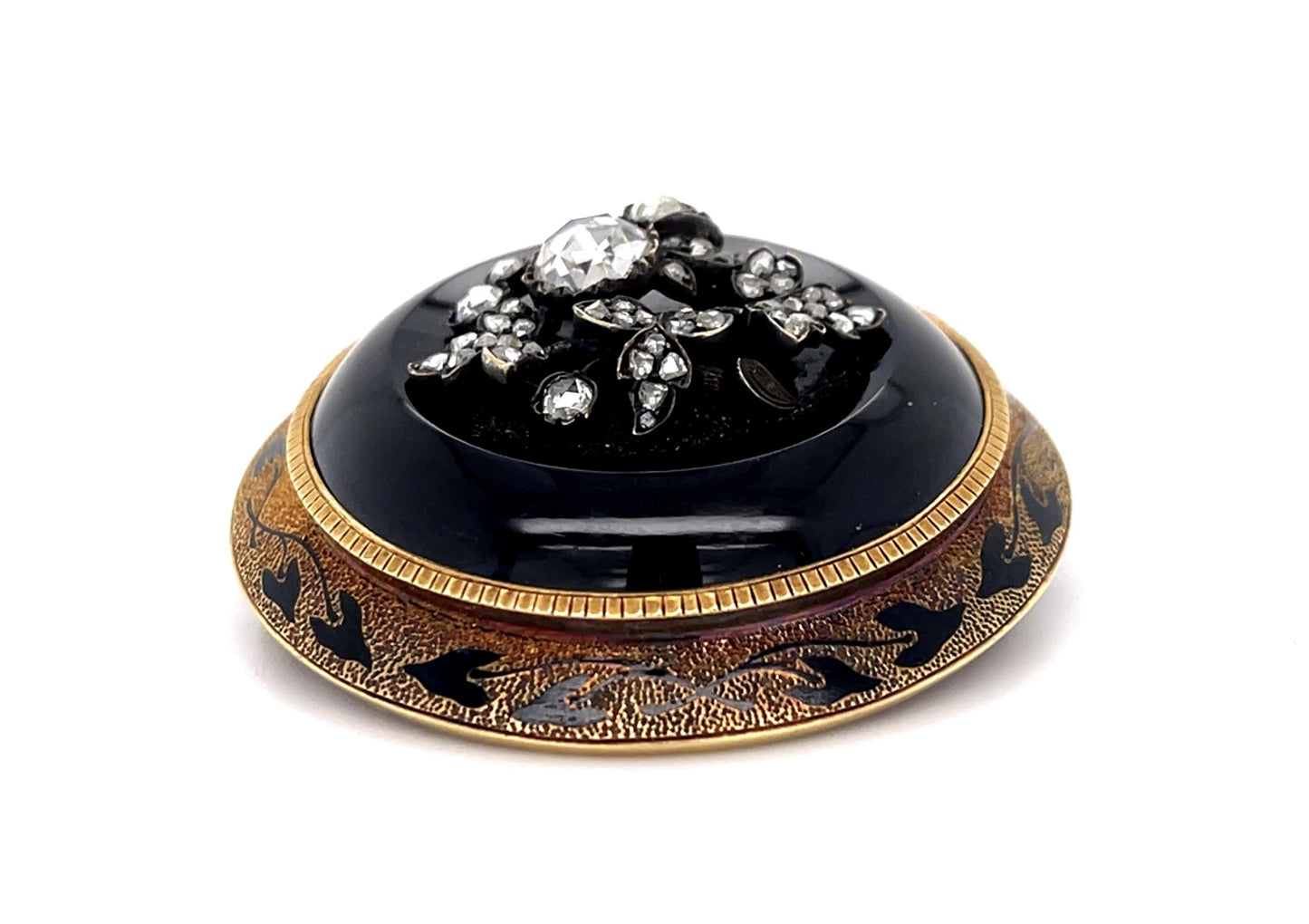 Original Victorian .90ct Rose-cut Center Diamond + Onyx 14KY+Silver Brooch