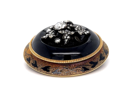 Original Victorian .90ct Rose-cut Center Diamond + Onyx 14KY+Silver Brooch