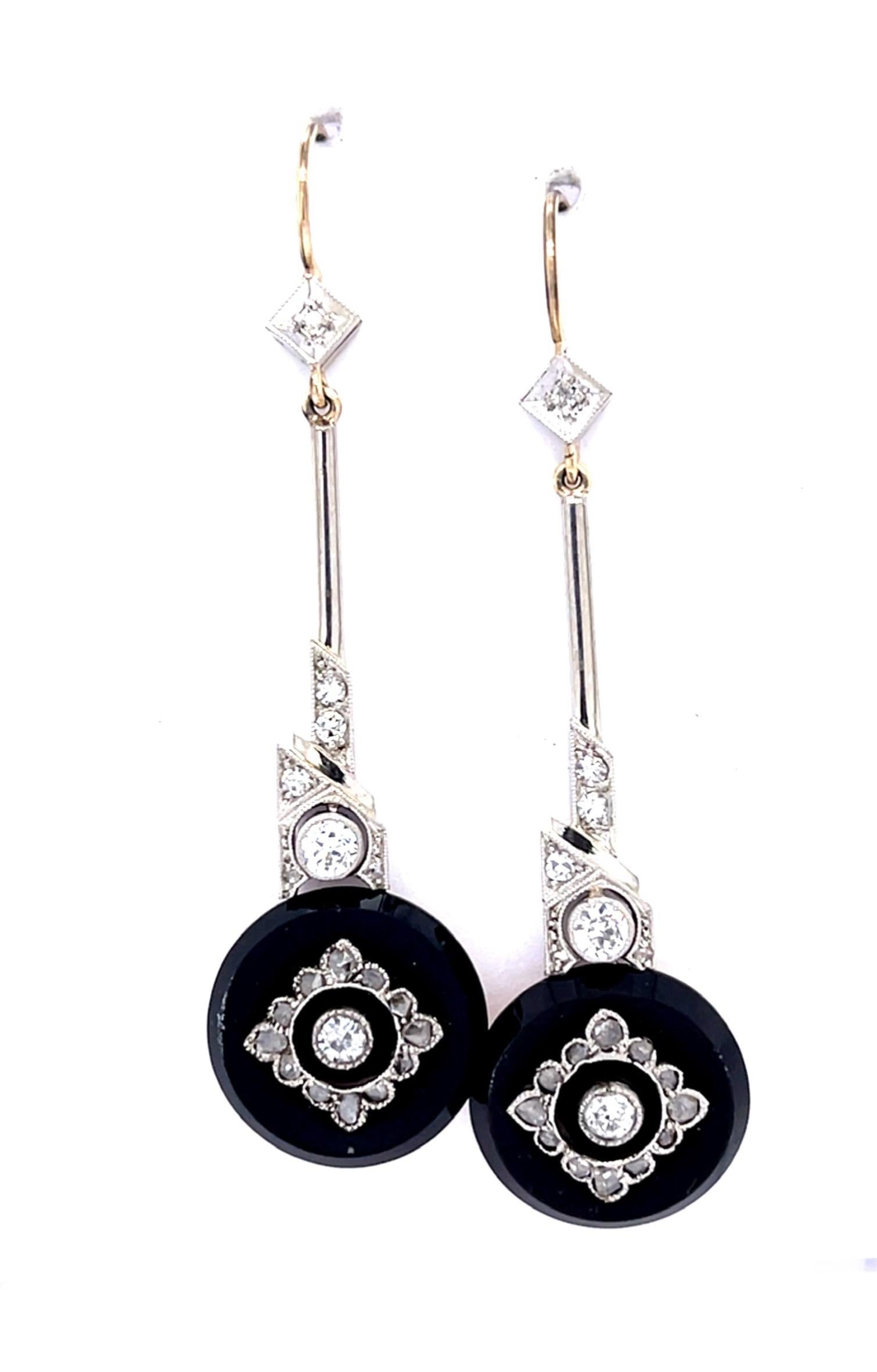 Original Art Deco 1.10ct Euro Dia + Onyx PT+18KY Drop Earrings (Antique 1920s)