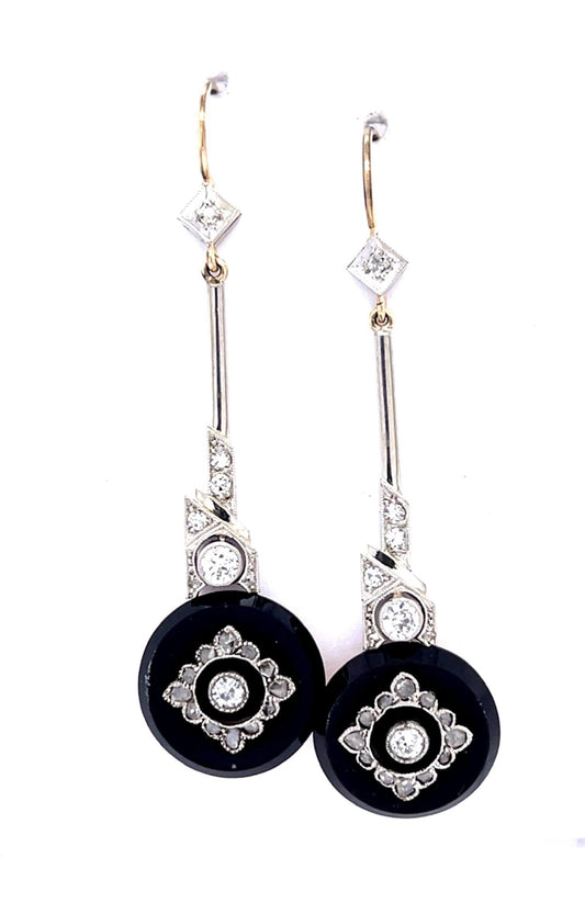 Original Art Deco 1.10ct Euro Dia + Onyx PT+18KY Drop Earrings (Antique 1920s)