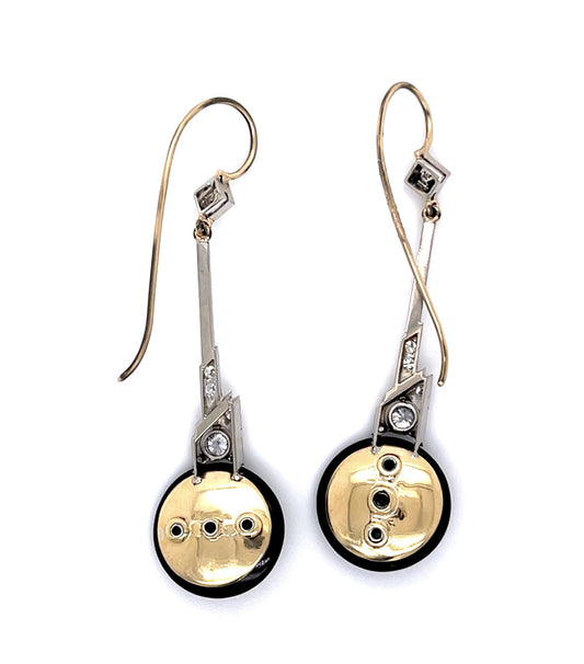 Original Art Deco 1.10ct Euro Dia + Onyx PT+18KY Drop Earrings (Antique 1920s)
