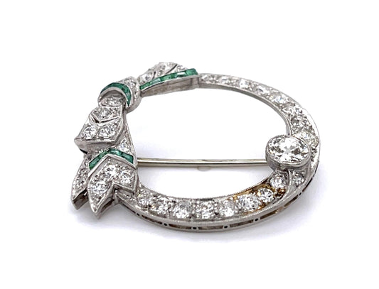 Original Art Deco .65ct Center European Diamond .60ct Emerald PT Brooch