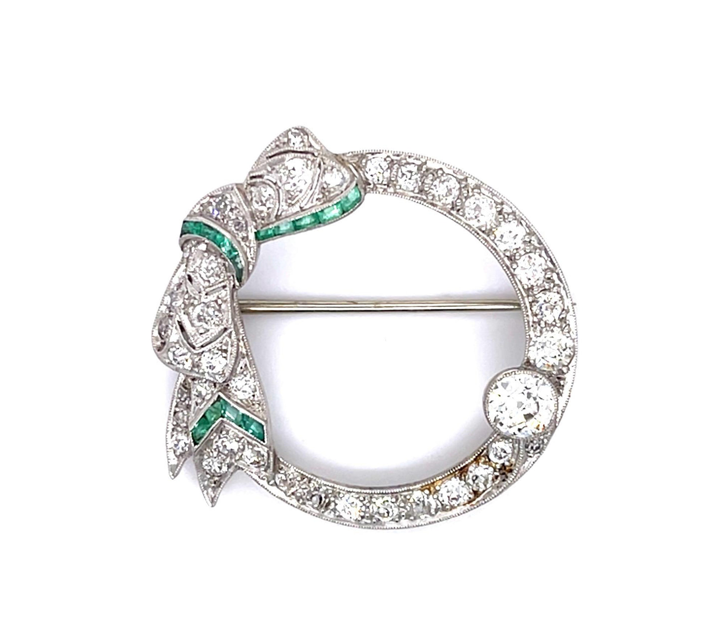 Original Art Deco .65ct Center European Diamond .60ct Emerald PT Brooch