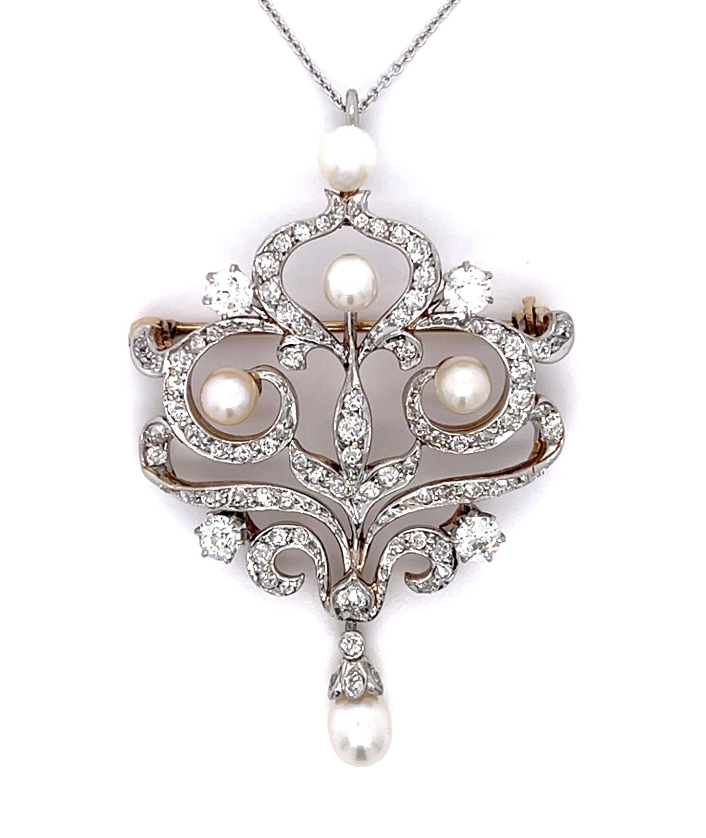 Original Edwardian .80ct (Four Euro Dia) Natural Pearl PT+18KY Pendant Brooch