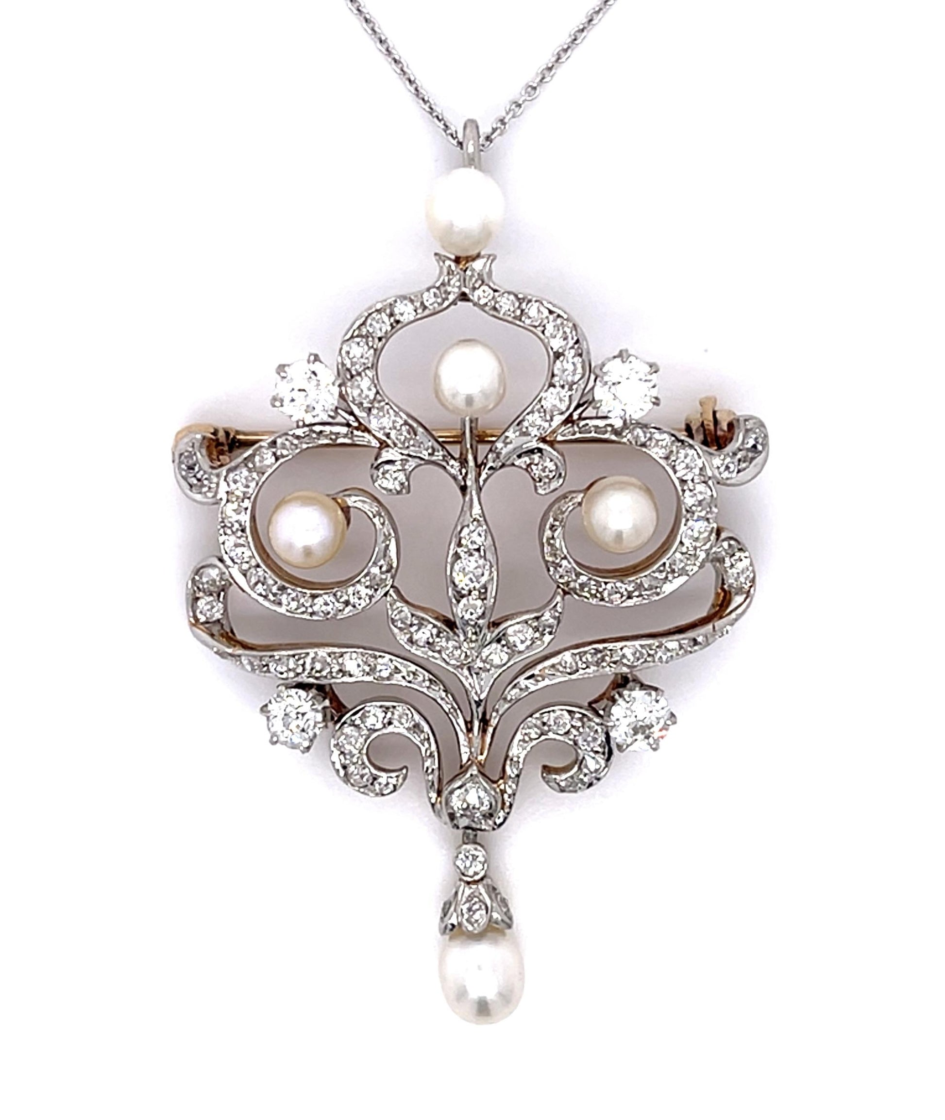 Original Edwardian .80ct (Four Euro Dia) Natural Pearl PT+18KY Pendant Brooch