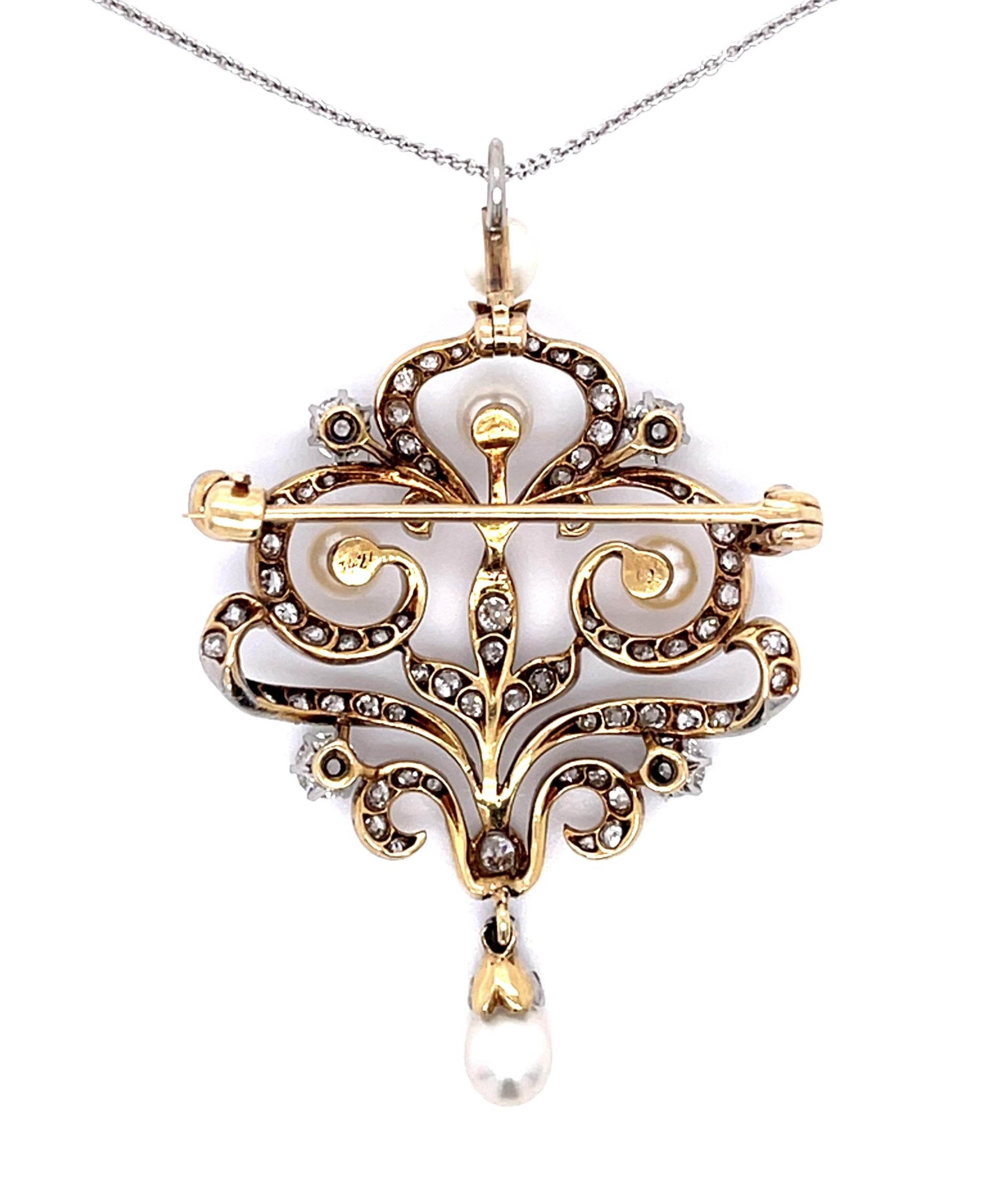 Original Edwardian .80ct (Four Euro Dia) Natural Pearl PT+18KY Pendant Brooch