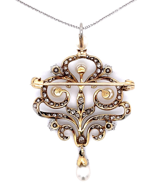 Original Edwardian .80ct (Four Euro Dia) Natural Pearl PT+18KY Pendant Brooch