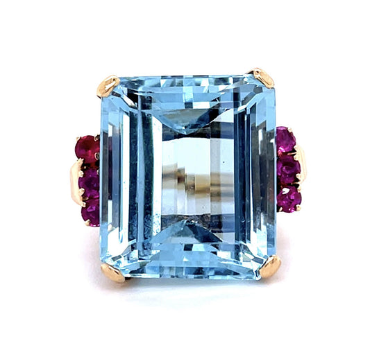 Retro 21ct Aquamarine .76ct Ruby 14KY Ring (Vintage 1940s)