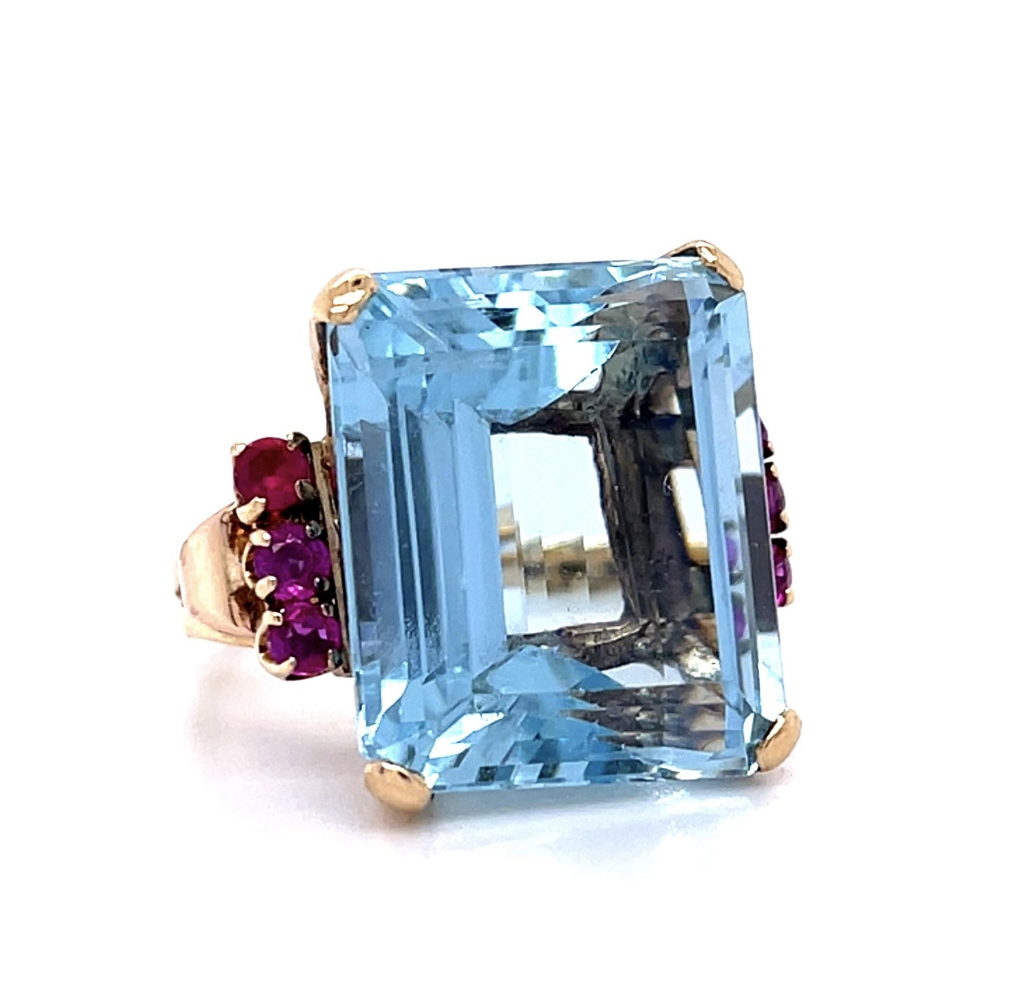 Retro 21ct Aquamarine .76ct Ruby 14KY Ring (Vintage 1940s)