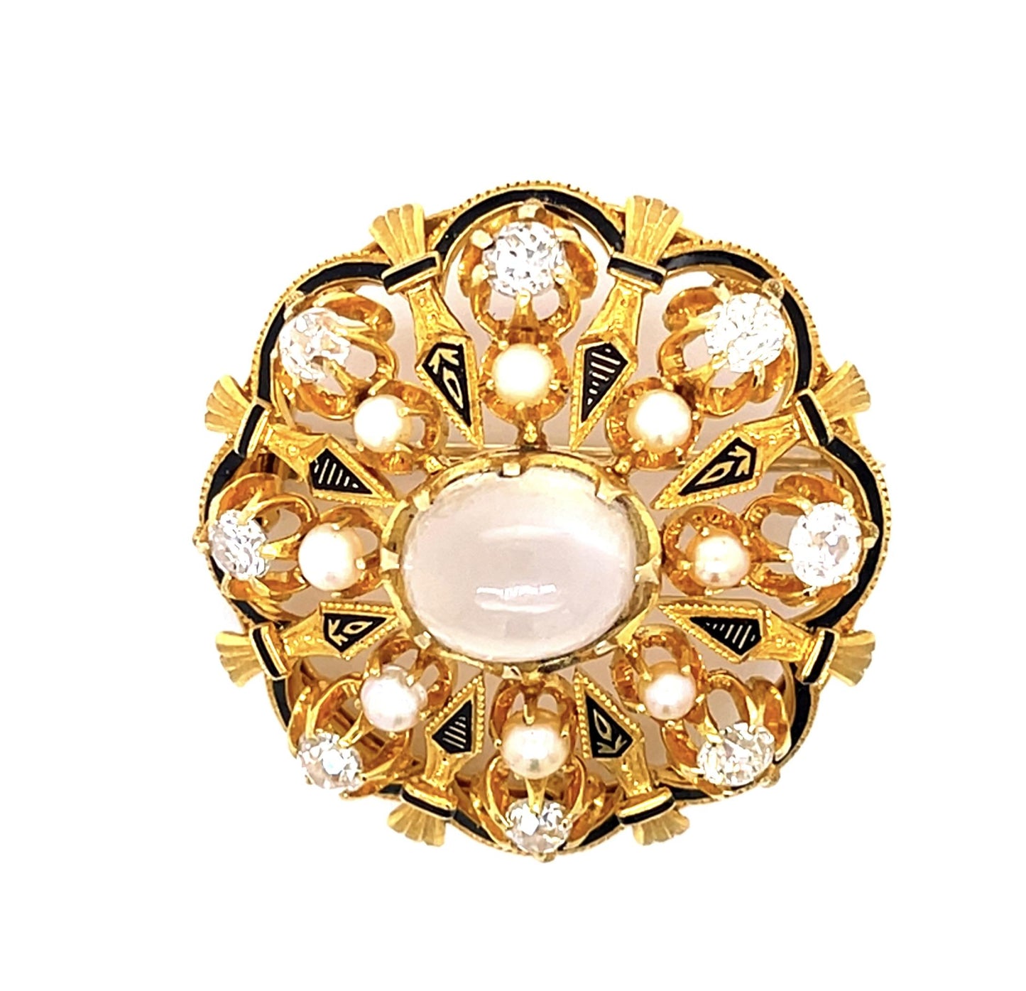 Original Victorian 6ct Moonstone 1.60ct Dia, Natural Pearl + Enamel 18KY Brooch