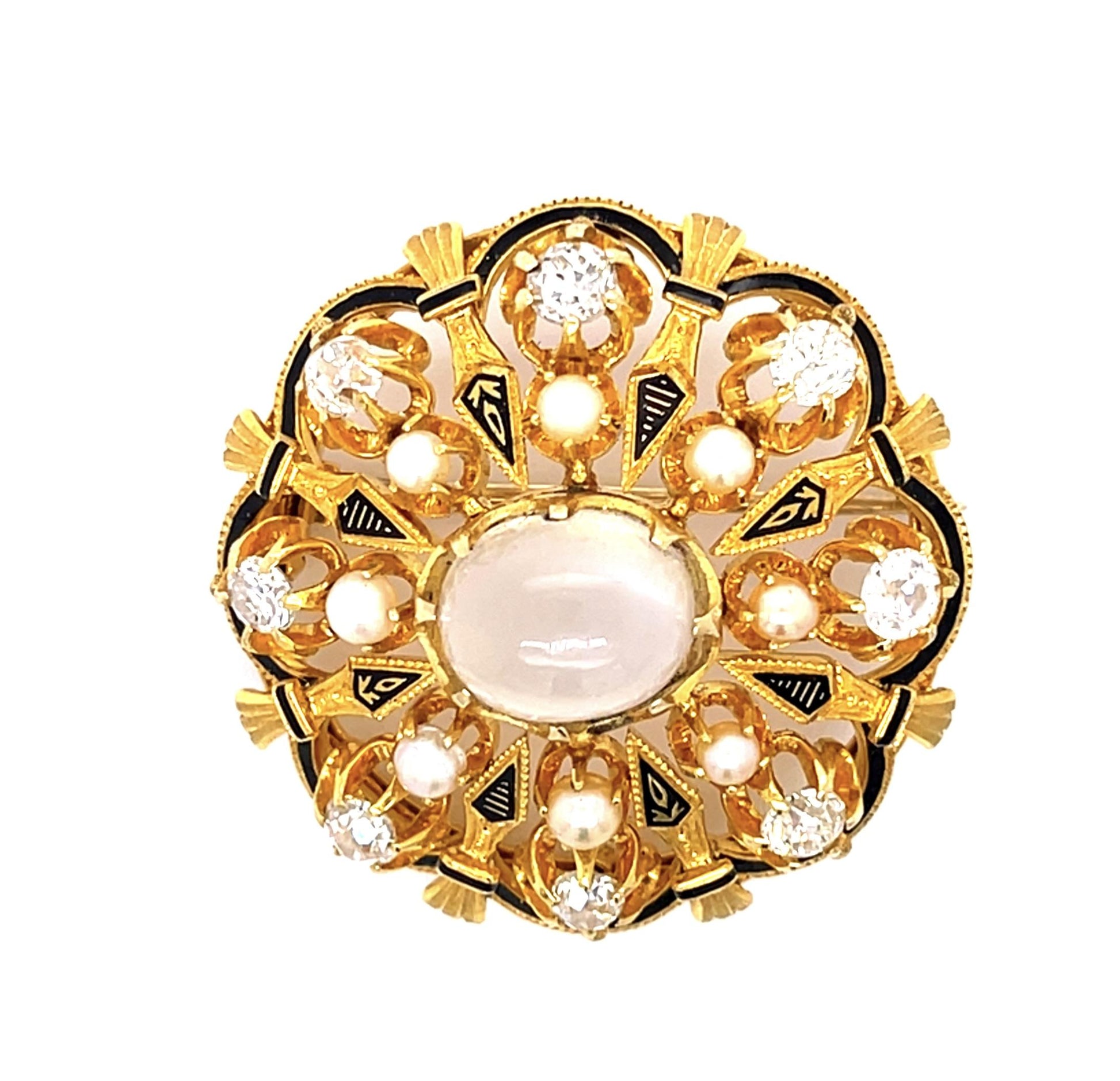 Original Victorian 6ct Moonstone 1.60ct Dia, Natural Pearl + Enamel 18KY Brooch